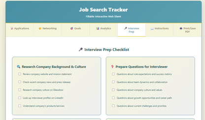 Rachel Solutions: Job Search Tracker with Interview Prep Checklist on a white background