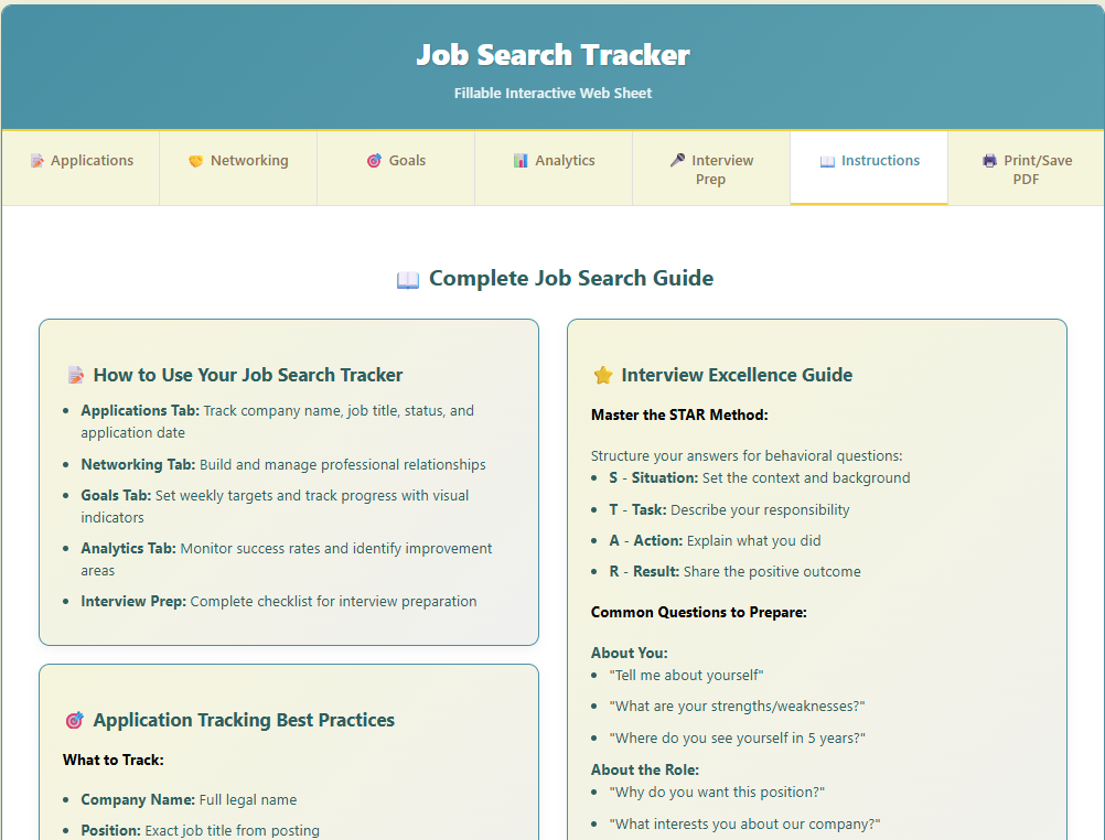 Rachel Solutions: Job Search Tracker tool with navigation tabs and content sections on a computer screen.