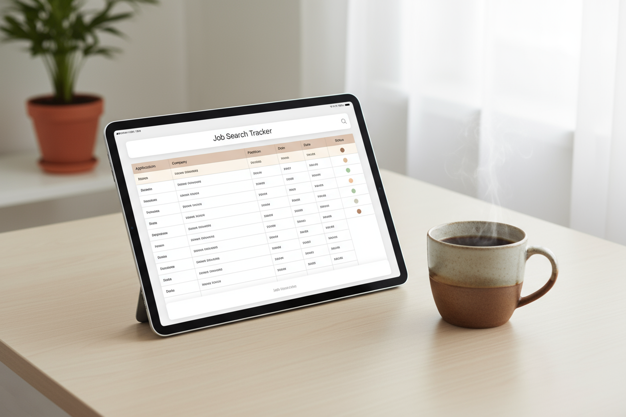 Rachel Solutions: Tablet on a desk displaying a spreadsheet with a cup of coffee and plant in the background