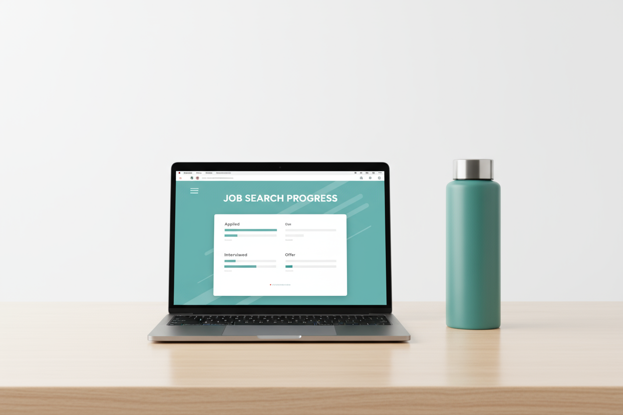 Laptop on a desk with a job search progress screen and a teal water bottle.