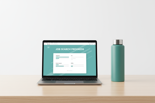 Laptop on a desk with a job search progress screen and a teal water bottle.