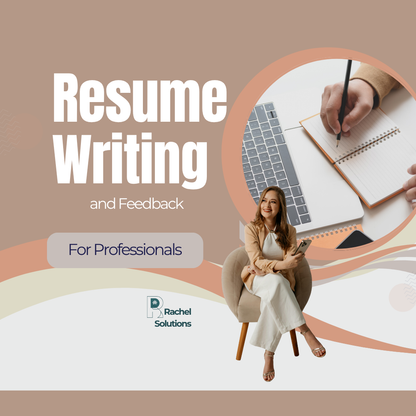 Promotional graphic for resume writing and feedback services with a woman sitting on a chair, laptop, and notebook.
