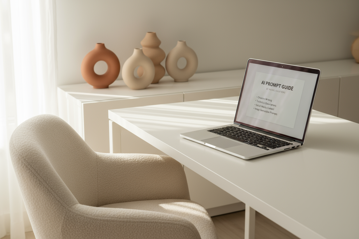 Laptop on a white desk with a chair and decorative vases in the background