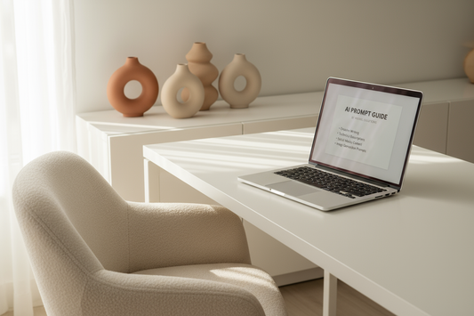 Laptop on a white desk with a chair and decorative vases in the background