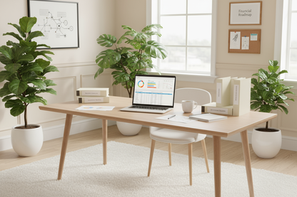 Rachel Solutions: Modern office setup with a desk, laptop, and plants in a bright room.