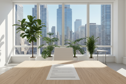 Modern office space with large windows showing a city skyline.