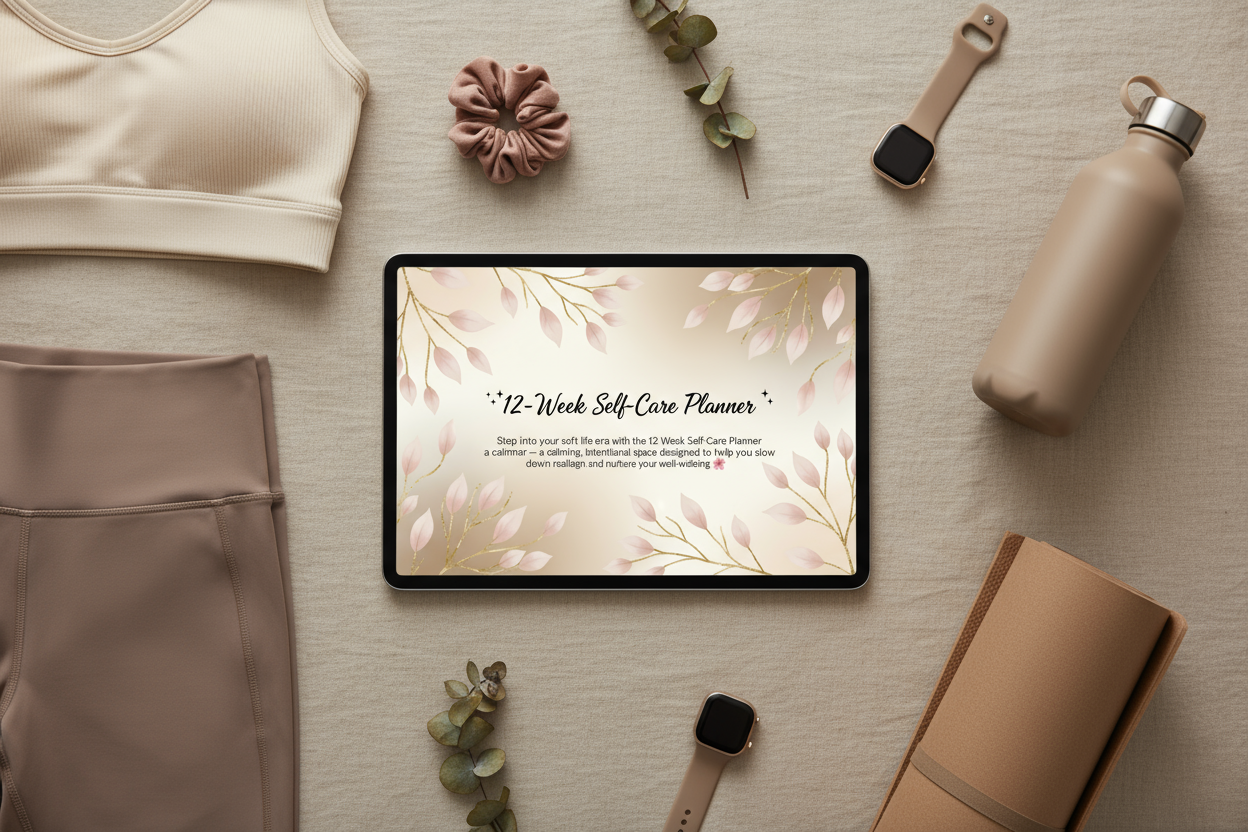 Tablet displaying a self-care planner surrounded by fitness attire, a water bottle, and accessories on a light surface.