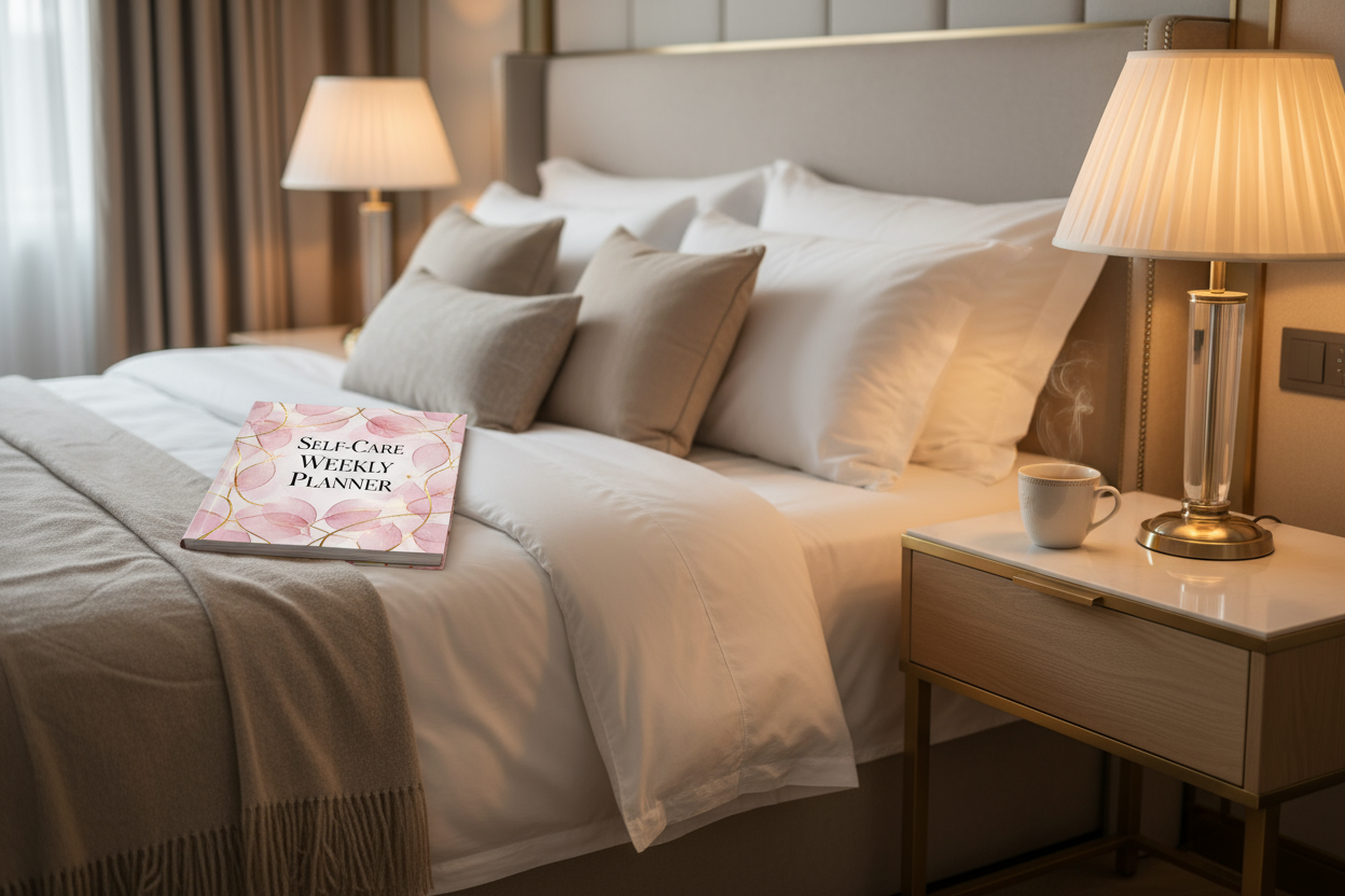 Neatly made bed with a self-care planner and cup on a nightstand in a well-lit bedroom.