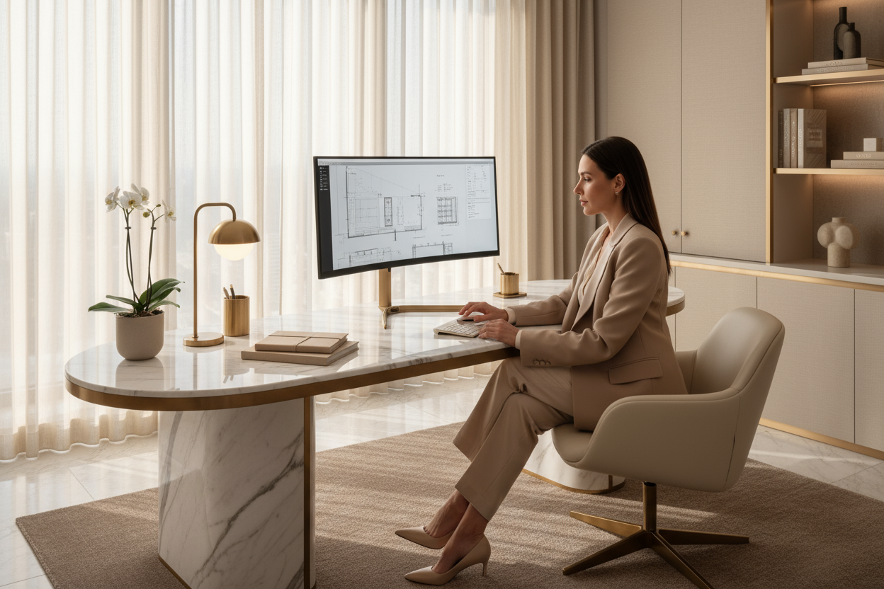 woman working on a screen, warm neutral luxury aestethics